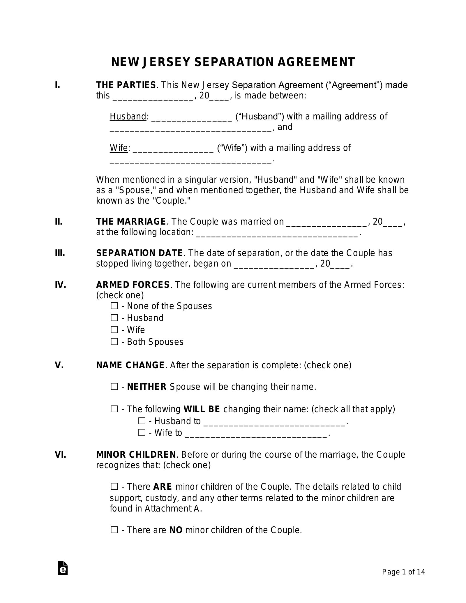 Free New Jersey Separation Agreement Template - Pdf | Word – Eforms for Free Printable Nj Divorce Forms