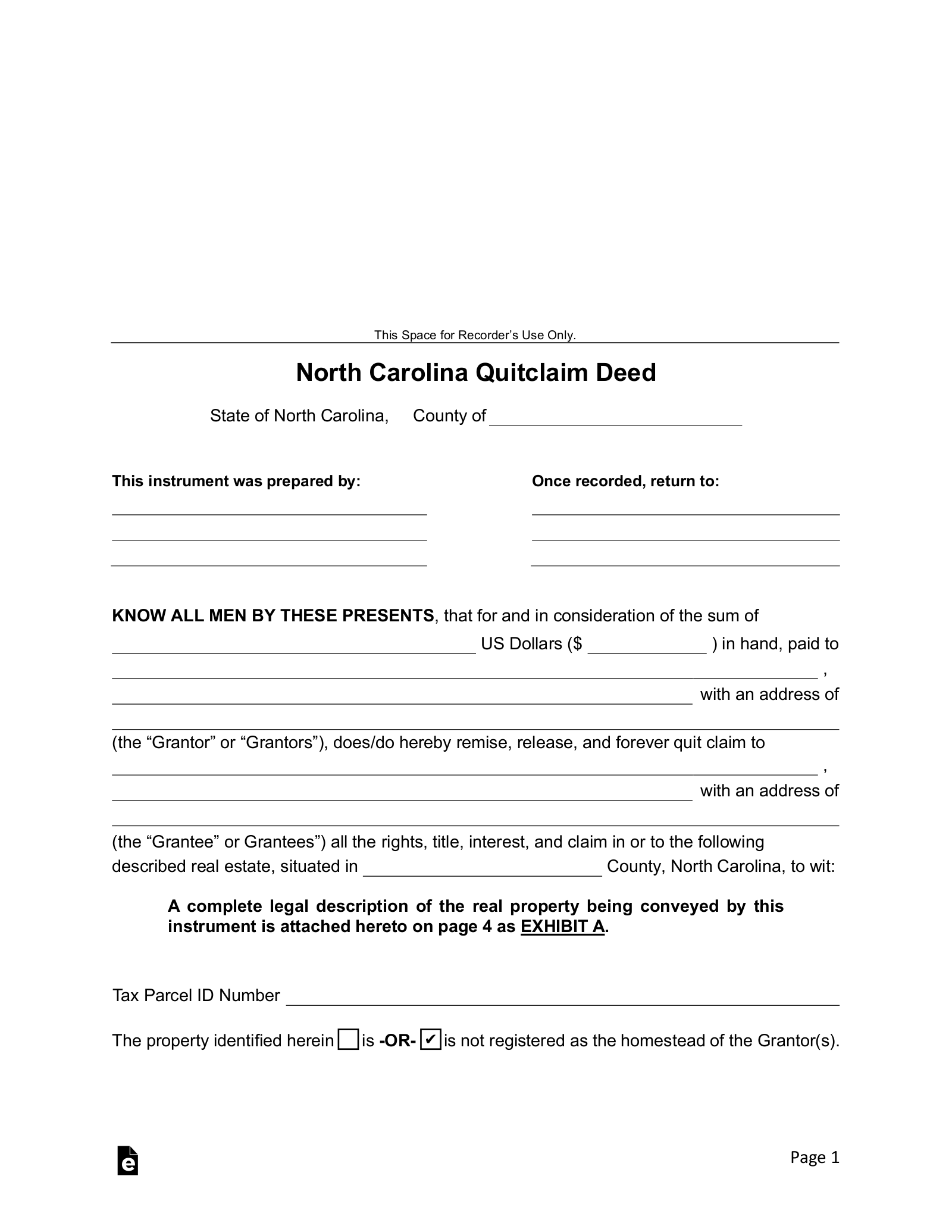 Free North Carolina Quit Claim Deed Form - Pdf | Word – Eforms in Free Printable Quit Claim Deed Form