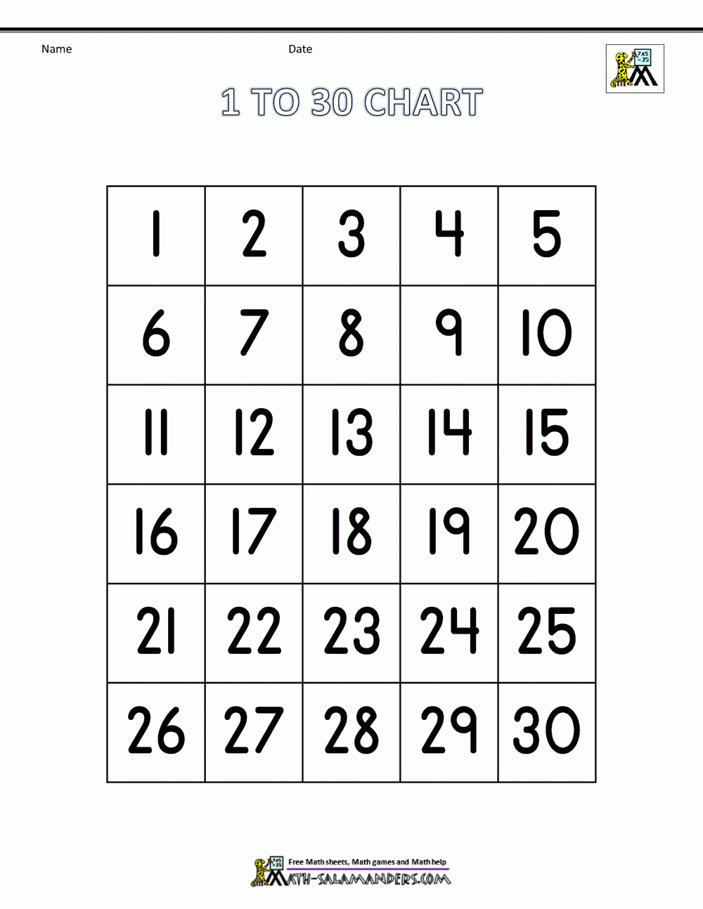 Free Number Chart 1-30 in Free Printable Table Numbers 1-30