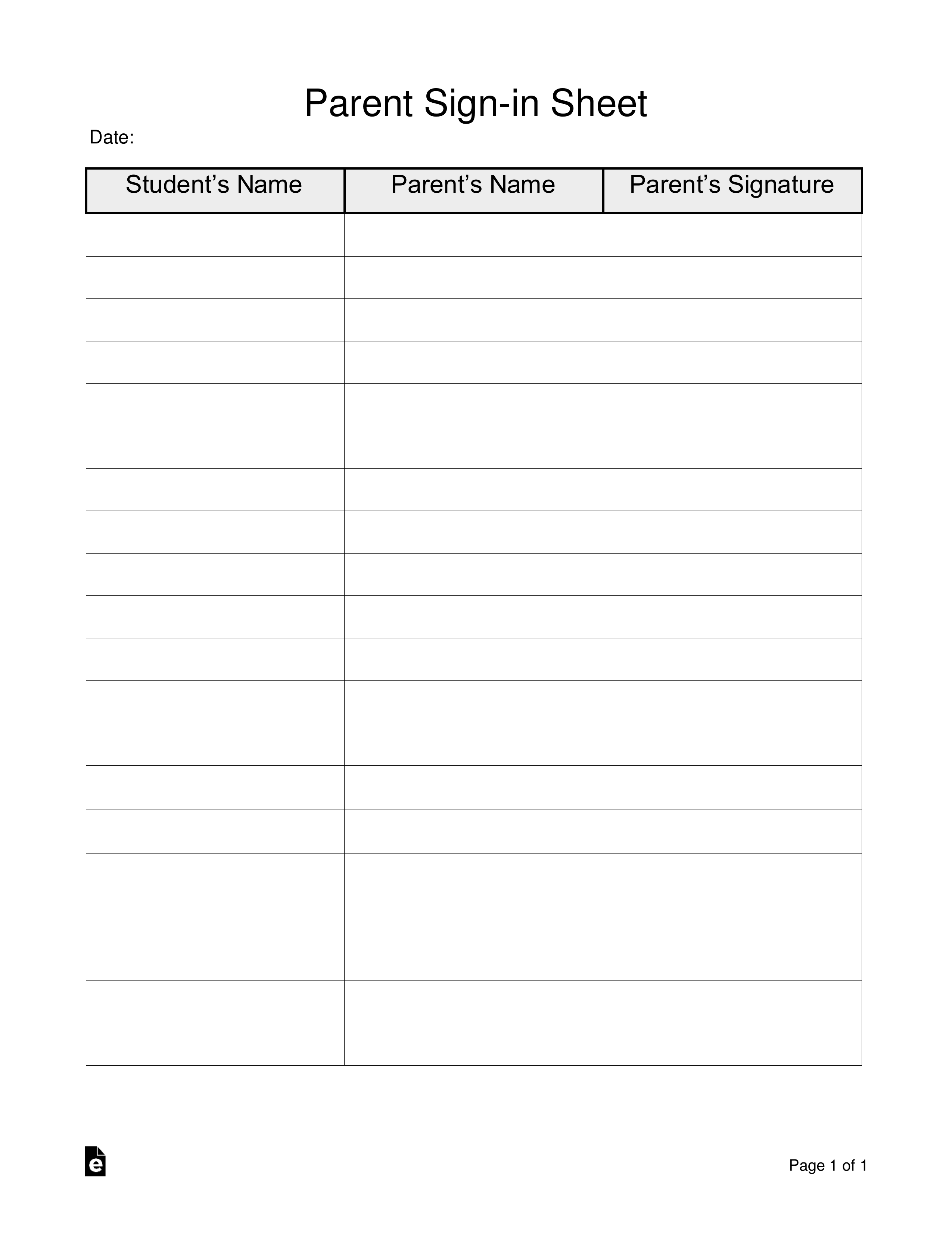 Free Parent Sign-In Sheet Template - Pdf | Word – Eforms with Free Printable Parent Information Sheet