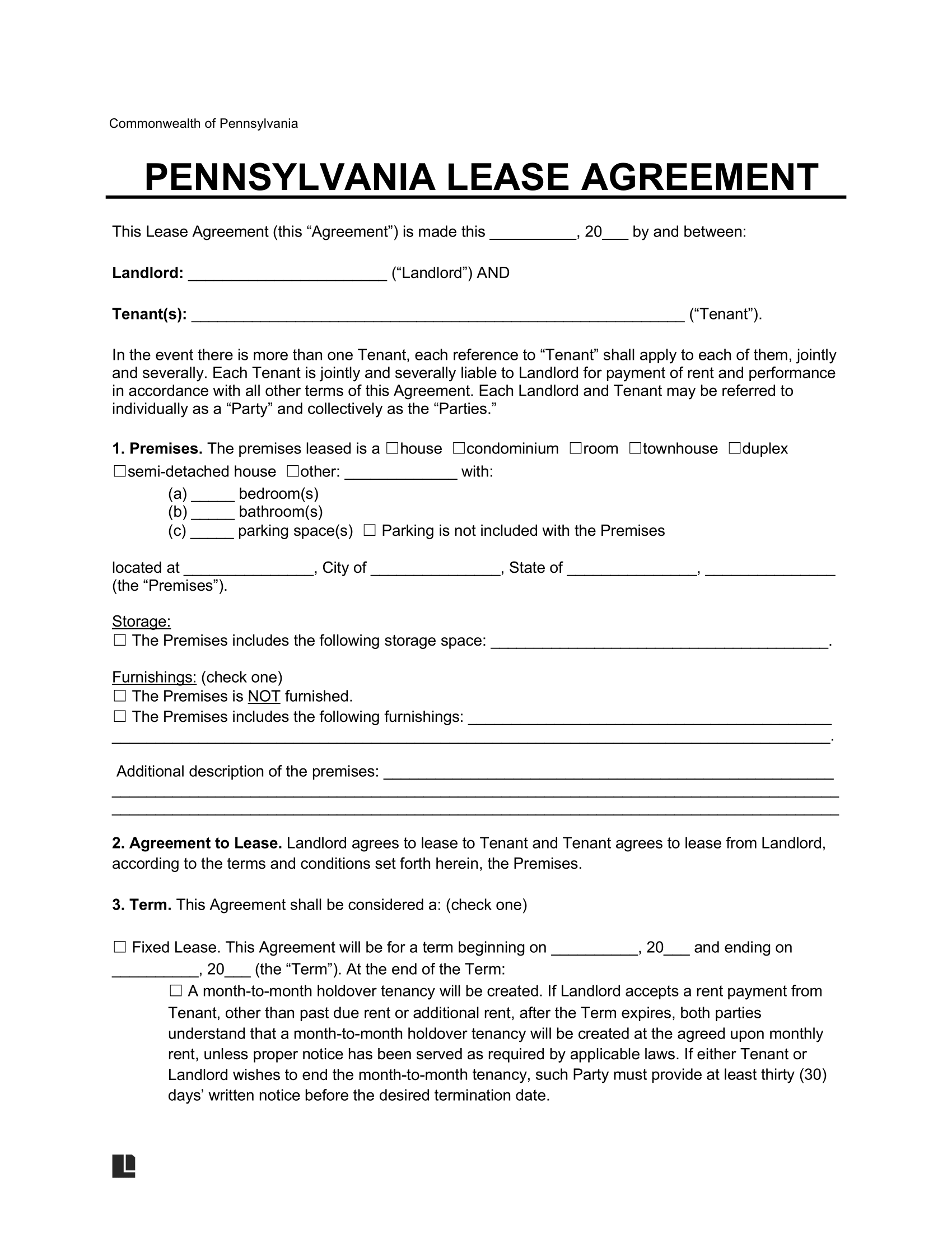 Free Pennsylvania Lease Agreement Templates (6) | Pdf &amp;amp; Word for Free Printable Lease Agreement Pa