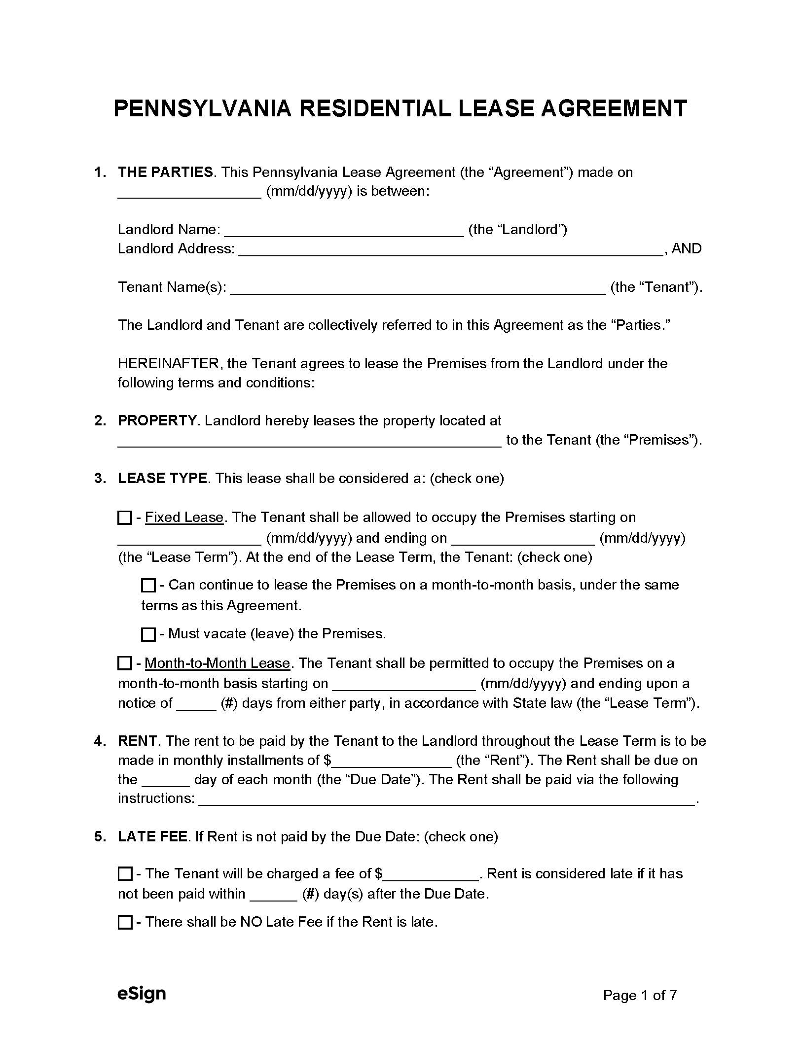 Free Pennsylvania Rental Lease Agreement Templates (6) | Pdf | Word intended for Free Printable Lease Agreement PA