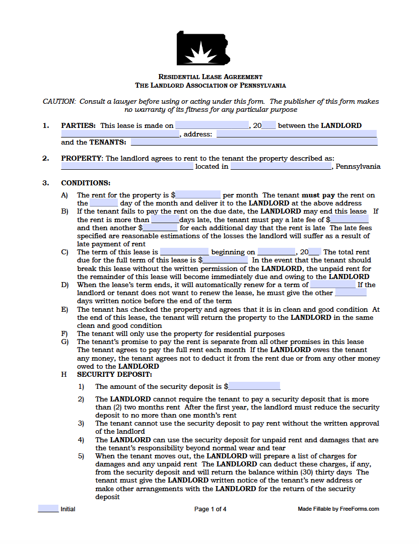 Free Pennsylvania Rental Lease Agreement Templates | Pdf inside Free Printable Lease Agreement PA