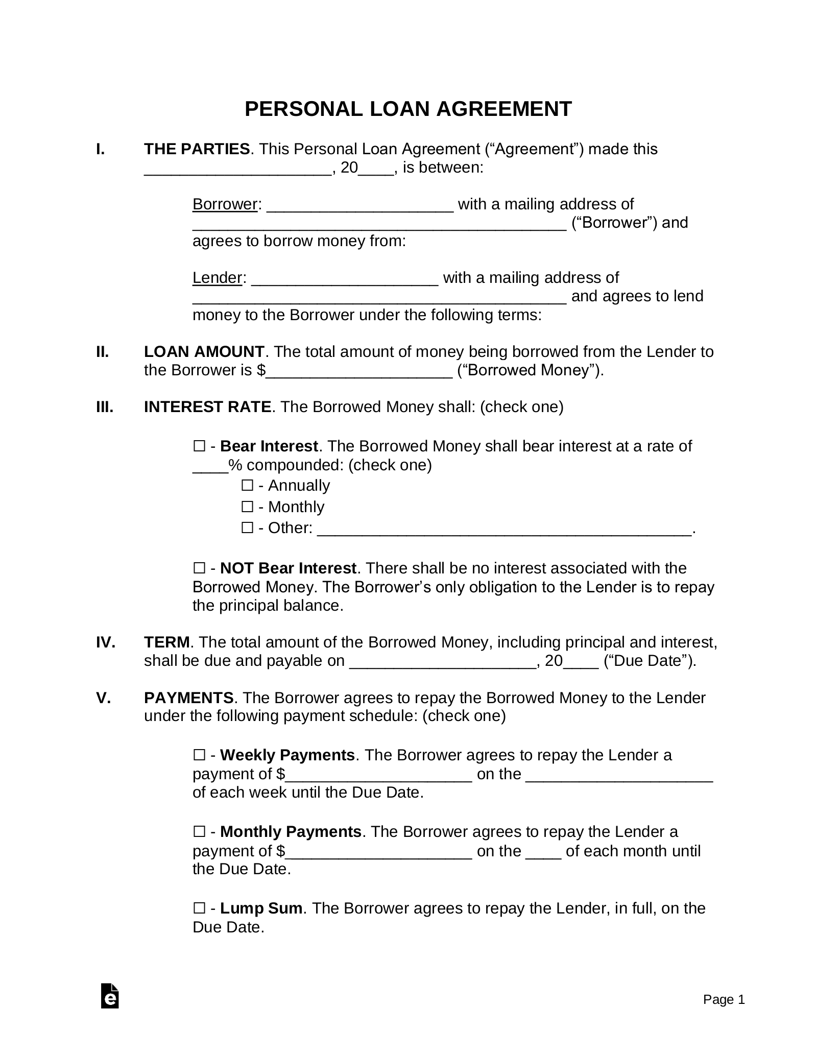 Free Personal Loan Agreement Template | Sample - Pdf | Word – Eforms intended for Free Printable Personal Loan Forms