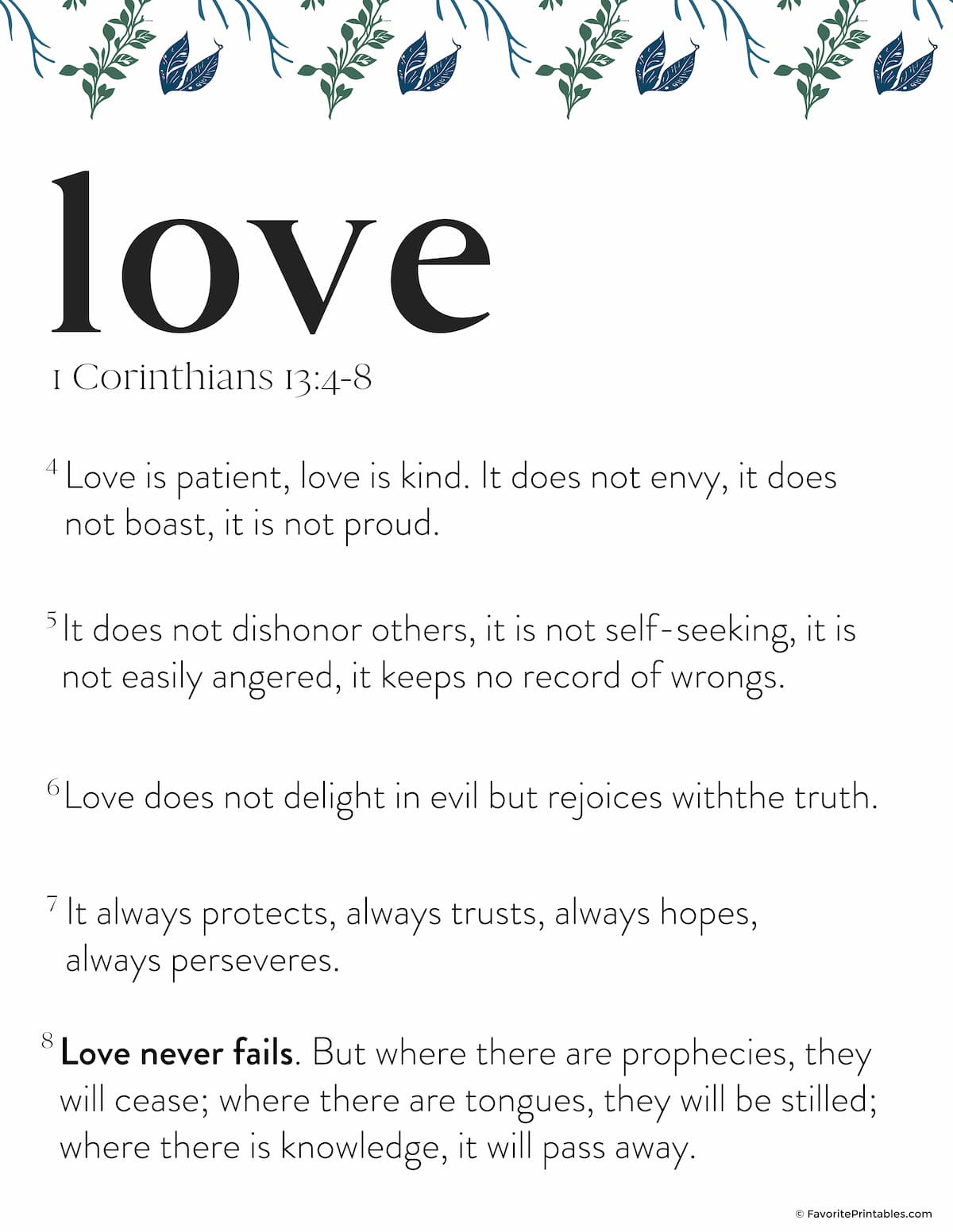 Free Printable 1 Corinthians 13:4-8 Bible Verse - Favorite Printables for Love Is Patient Love Is Kind Free Printable