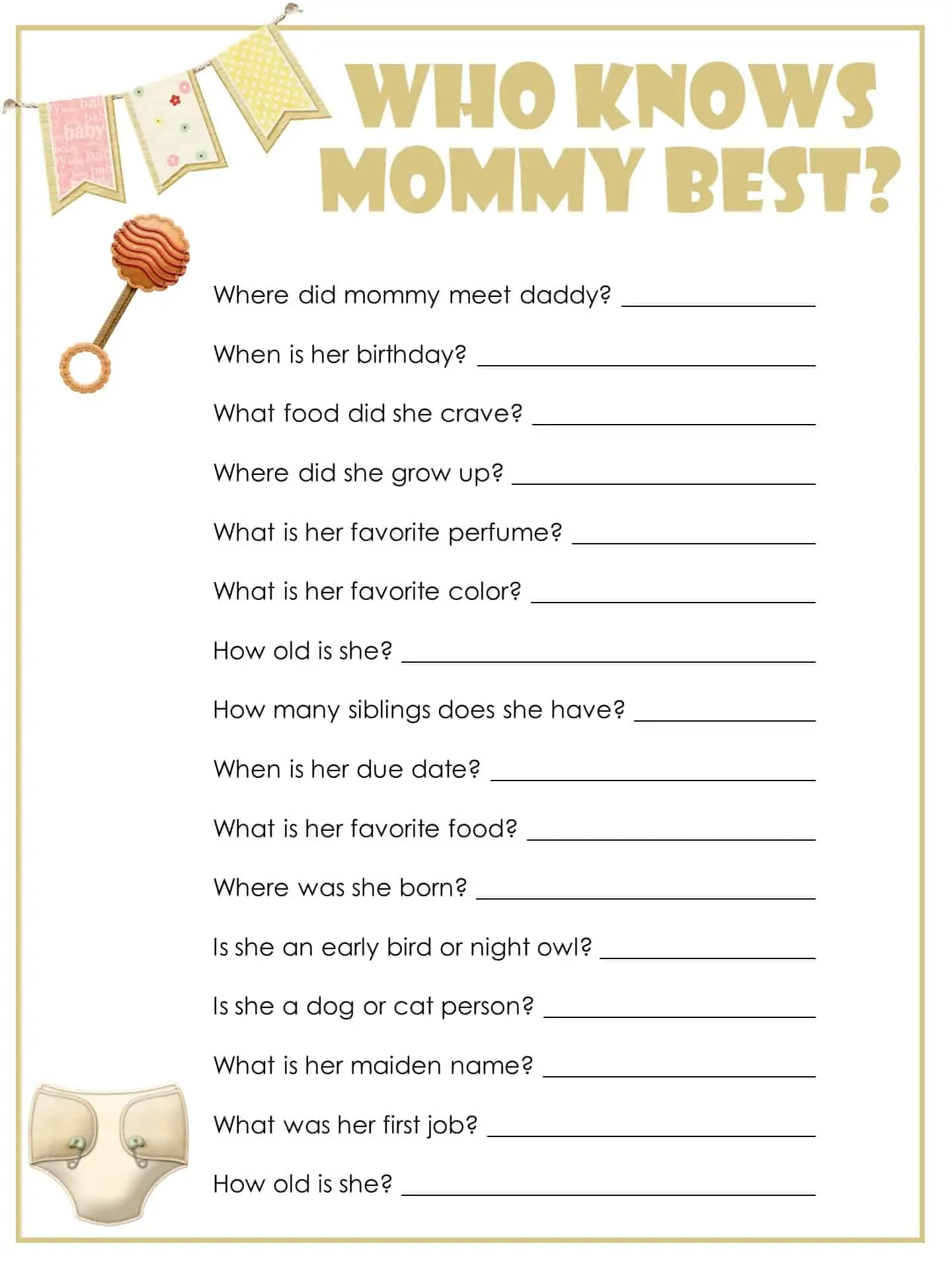 Free Printable Baby Shower Games | Instant Download for Who Knows Mommy and Daddy Best Free Printable