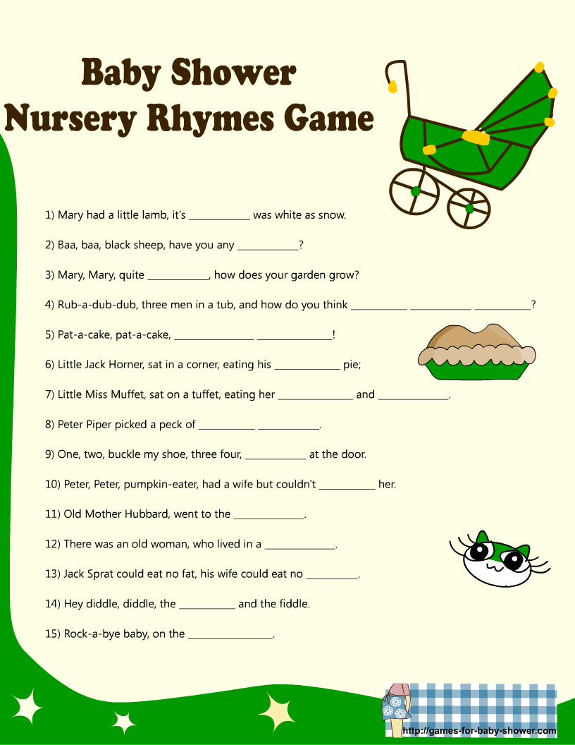 Free Printable Baby Shower Nursery Rhyme Games pertaining to Free Printable Nursery Rhymes Songs