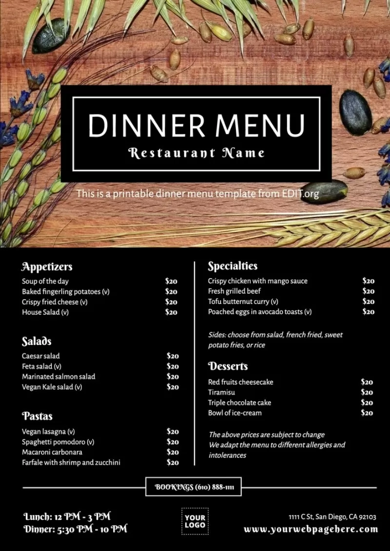 Free Printable Dinner Menu Templates in Free Printable Restaurant Menu Templates