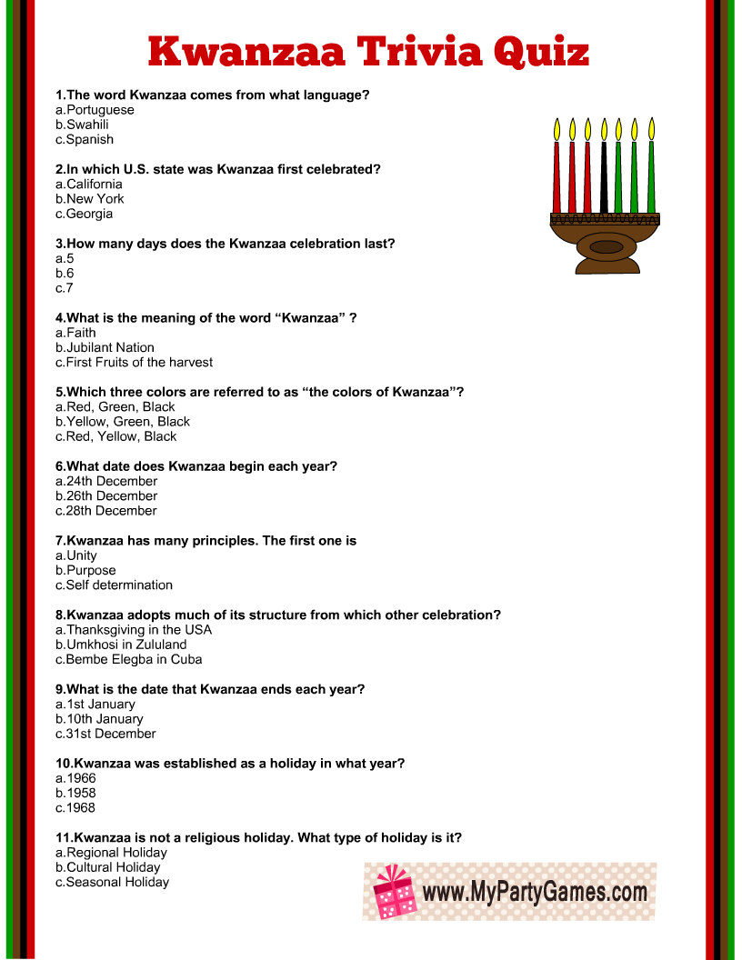 Free Printable Kwanzaa Trivia Quiz With Answer Key pertaining to Kwanzaa Trivia Free Printable