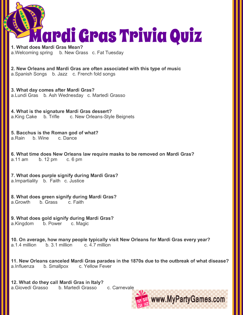 Free Printable Mardi Gras Trivia Quiz With Answer Key | Mardi Gras with regard to Free Printable Mardi Gras Games