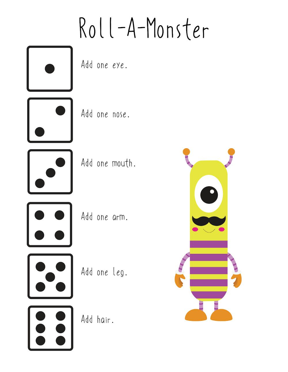 Free Printable Monster Math Practice Games inside Roll a Monster Free Printable