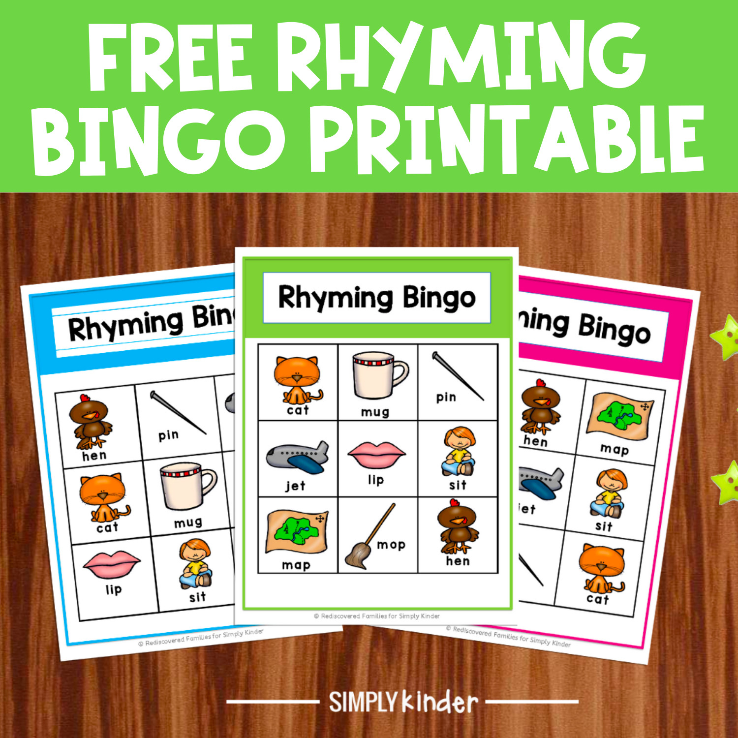 Free Printable Rhyming Bingo Game For Kindergarten - Simply Kinder throughout Free Printable Rhyming Activities for Kindergarten