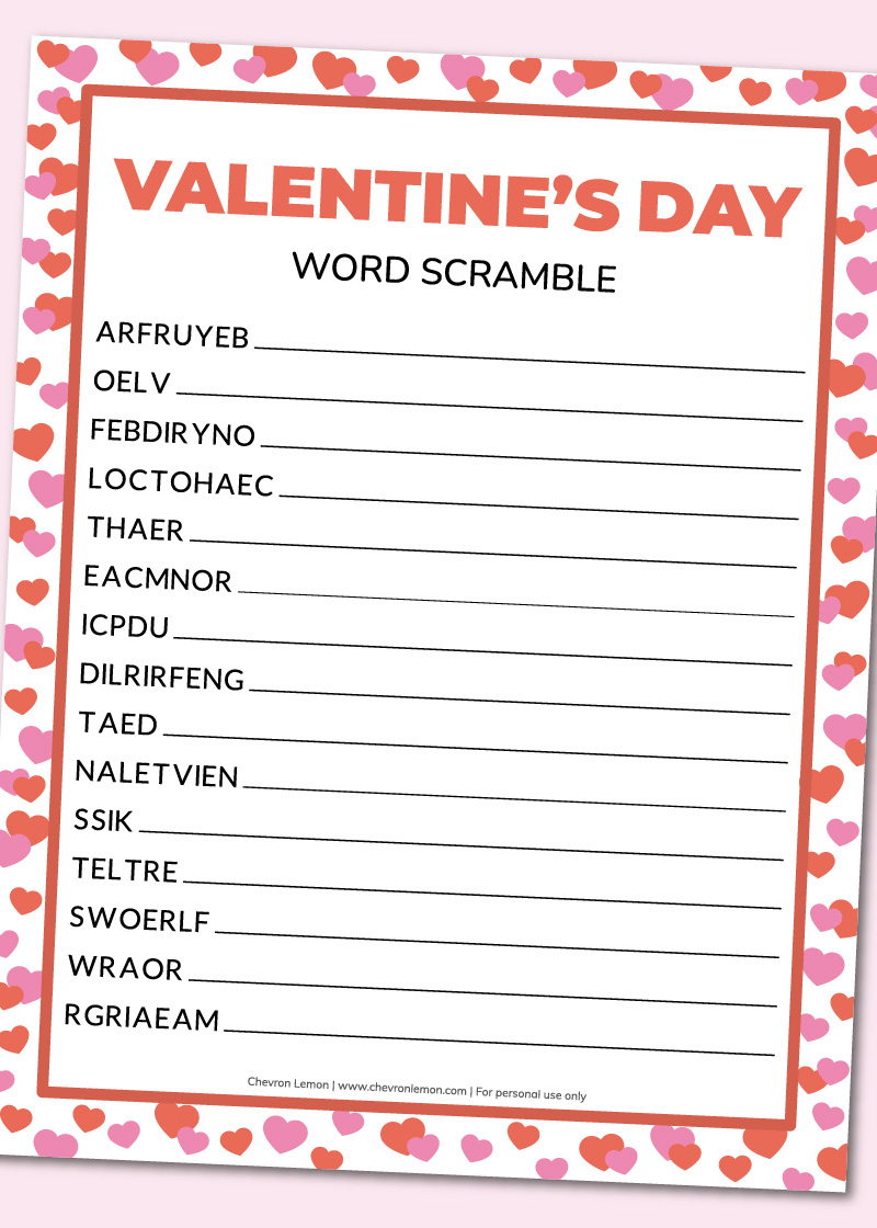 Free Printable Valentine&amp;#039;S Day Word Scramble - Chevron Lemon within Free Printable Valentine Word Games