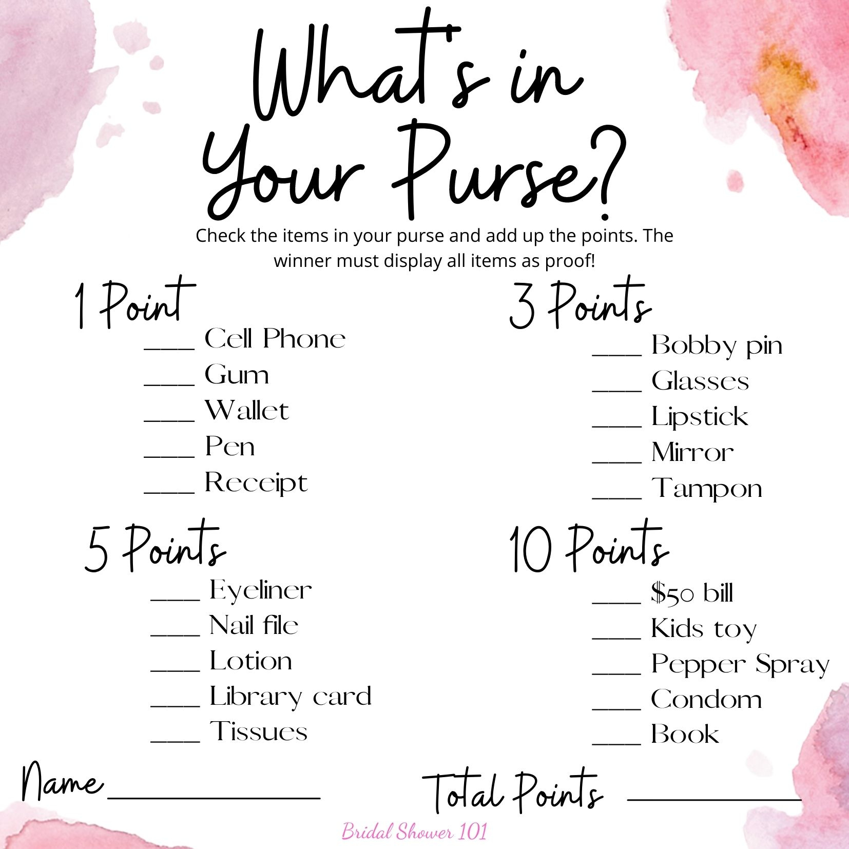 Free Printable “What&amp;#039;S In Your Purse?” Game For Bridal Shower throughout Free Printable What&amp;#039;S In Your Purse Game