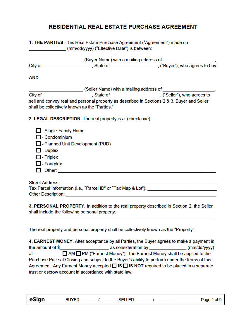 Free Purchase Agreement Templates (7) | Pdf | Word intended for Free Printable Real Estate Purchase Agreement