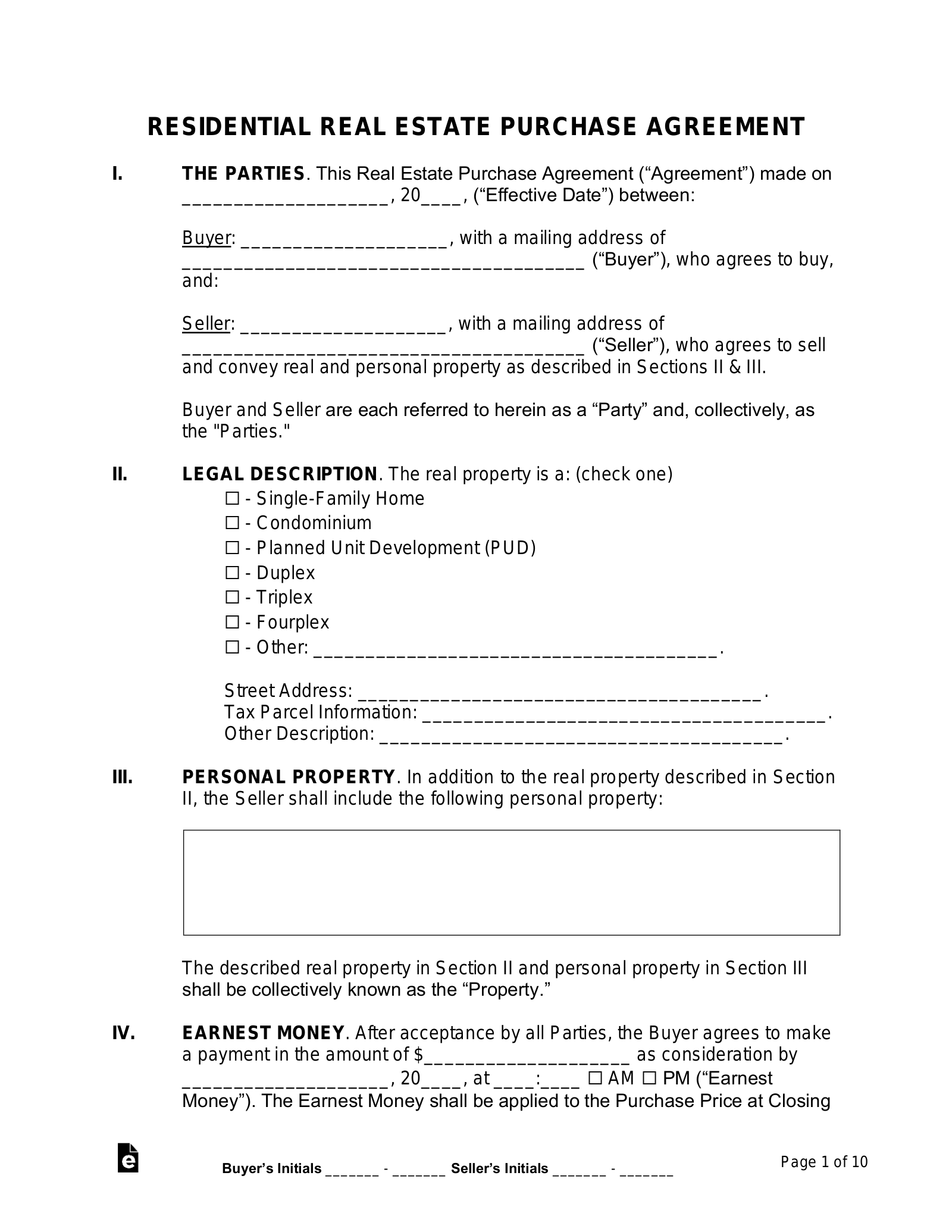 Free Purchase And Sale Agreement Template - Pdf | Word – Eforms for Free Printable Real Estate Purchase Agreement