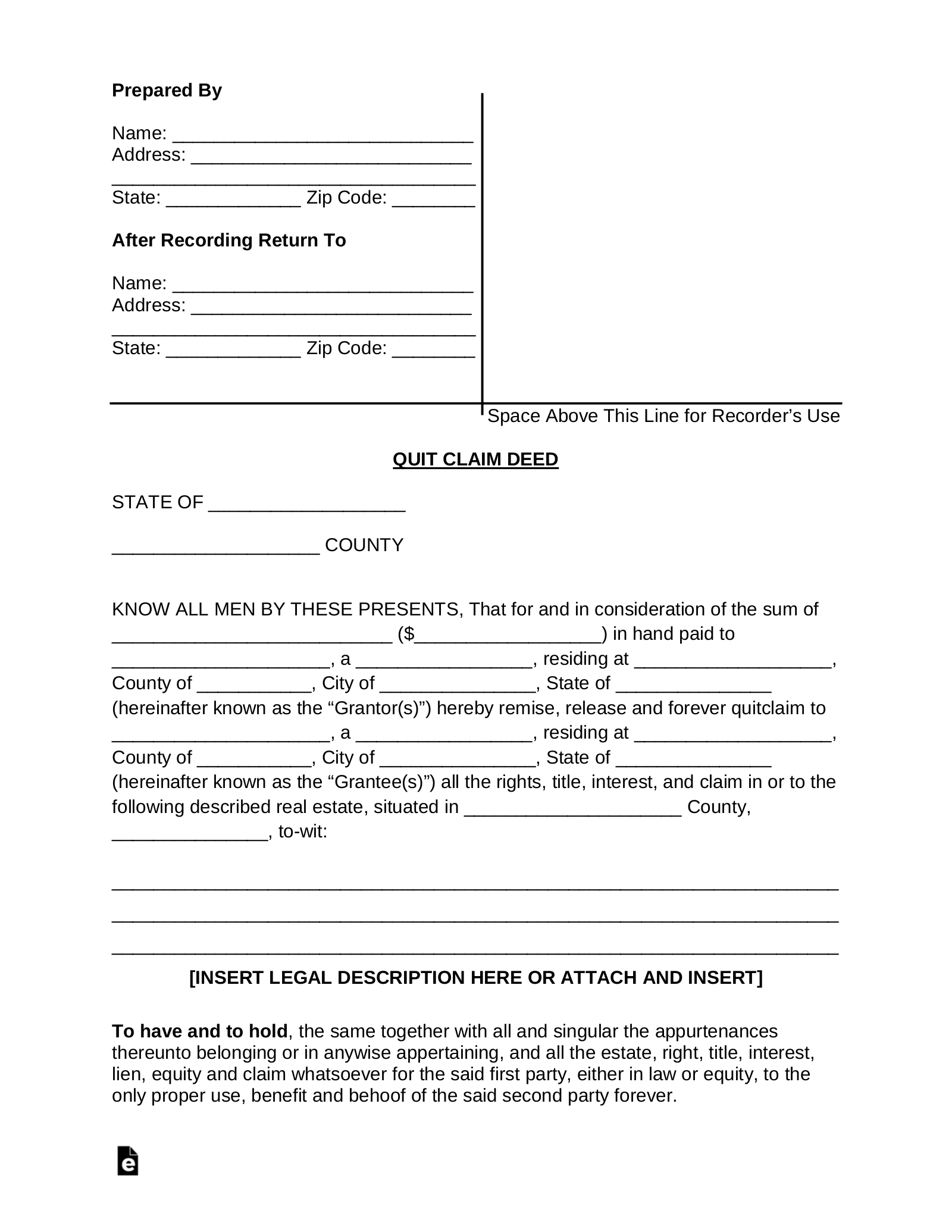 Free Quit Claim Deed Form - Pdf | Word – Eforms within Free Printable Quit Claim Deed Form