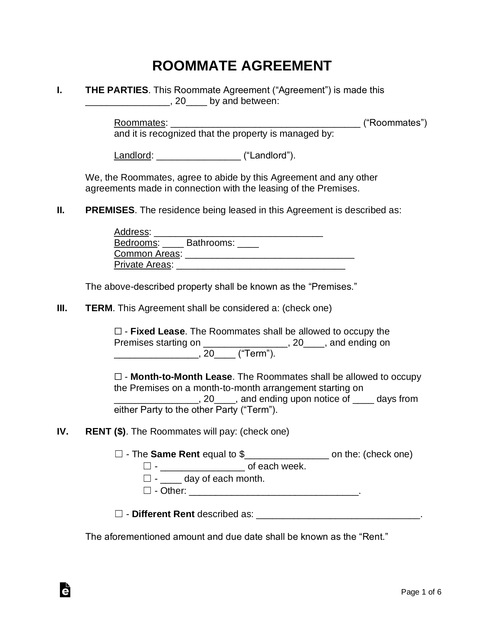 Free Roommate (Room Rental) Agreement Template - Pdf | Word – Eforms in Free Printable Roommate Rental Agreement