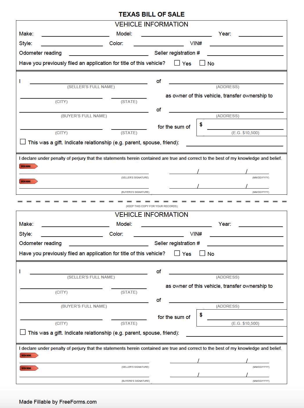 Free Texas Bill Of Sale Forms | Pdf for Free Printable Texas Bill of Sale Form