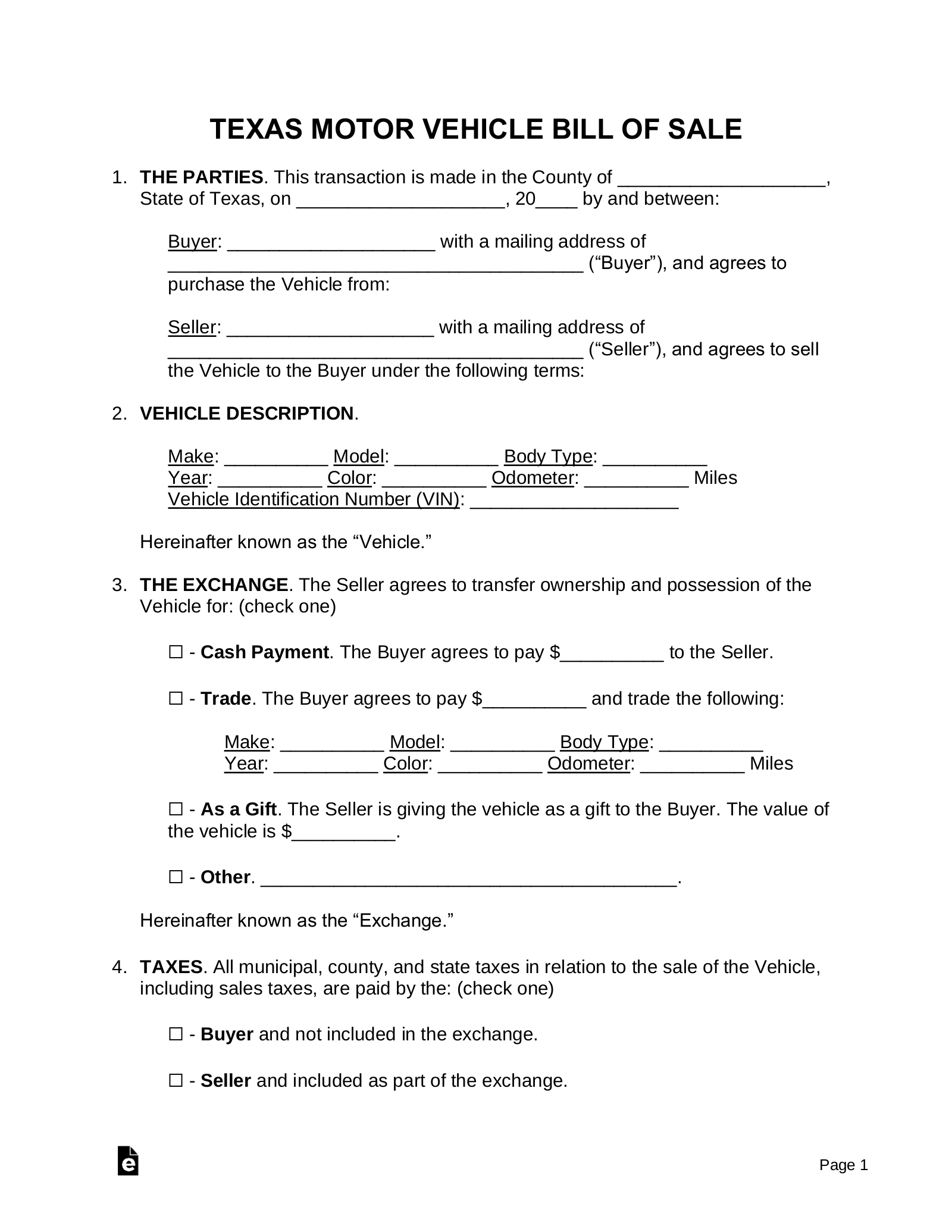 Free Texas Bill Of Sale Forms - Pdf | Word – Eforms regarding Free Printable Texas Bill of Sale Form