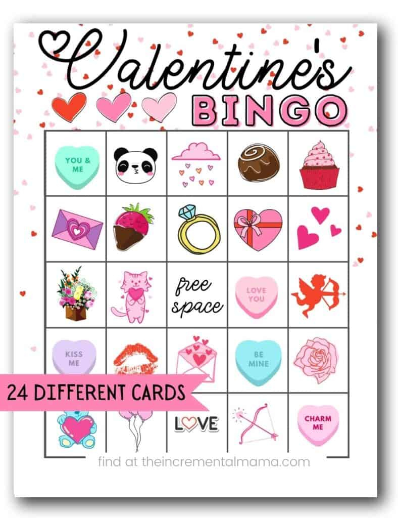 Free Valentine&amp;#039;S Bingo Printables (24 Cards) - The Incremental Mama throughout Valentine Bingo Free Printable