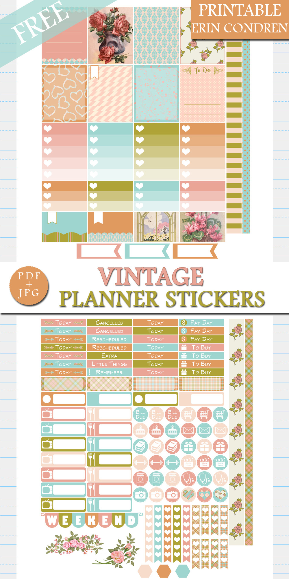 Free Vintage Planner Stickers For Erin Condren pertaining to Printable Erin Condren Stickers Free