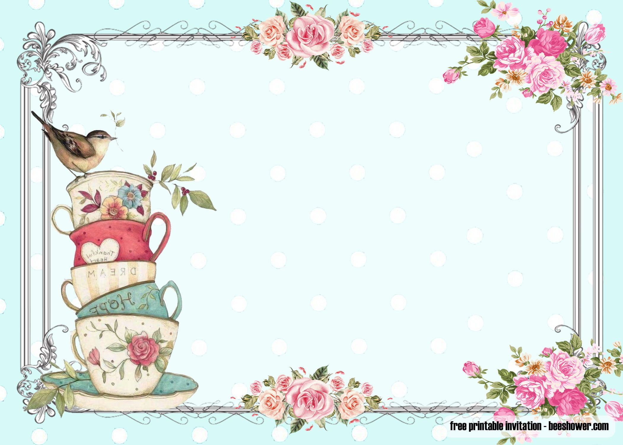 Free Vintage Tea Party Baby Shower Invitations | Tea Party Baby in Free Printable Vintage Tea Party Invitations