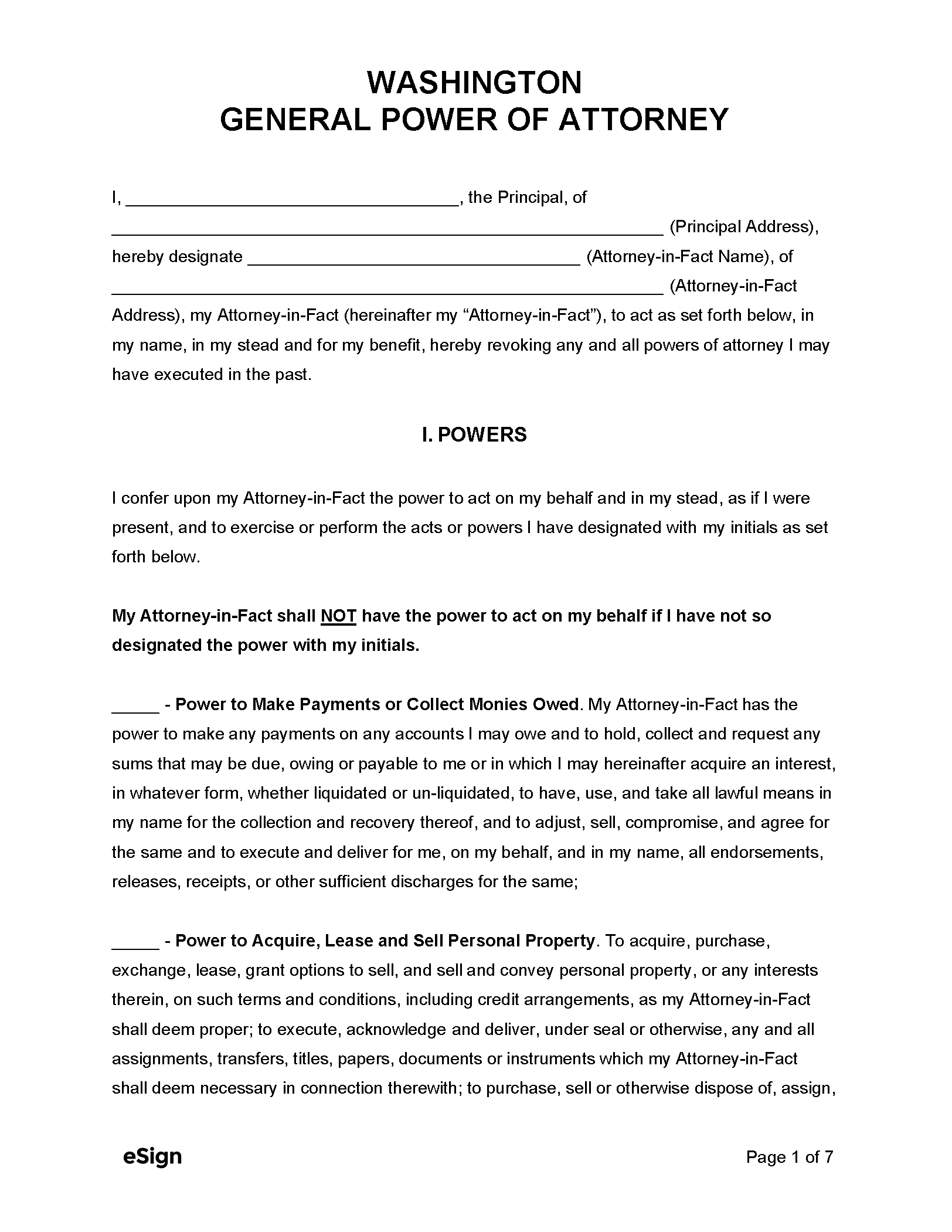 Free Washington General Power Of Attorney Form | Pdf | Word with Free Printable Power of Attorney Form Washington State