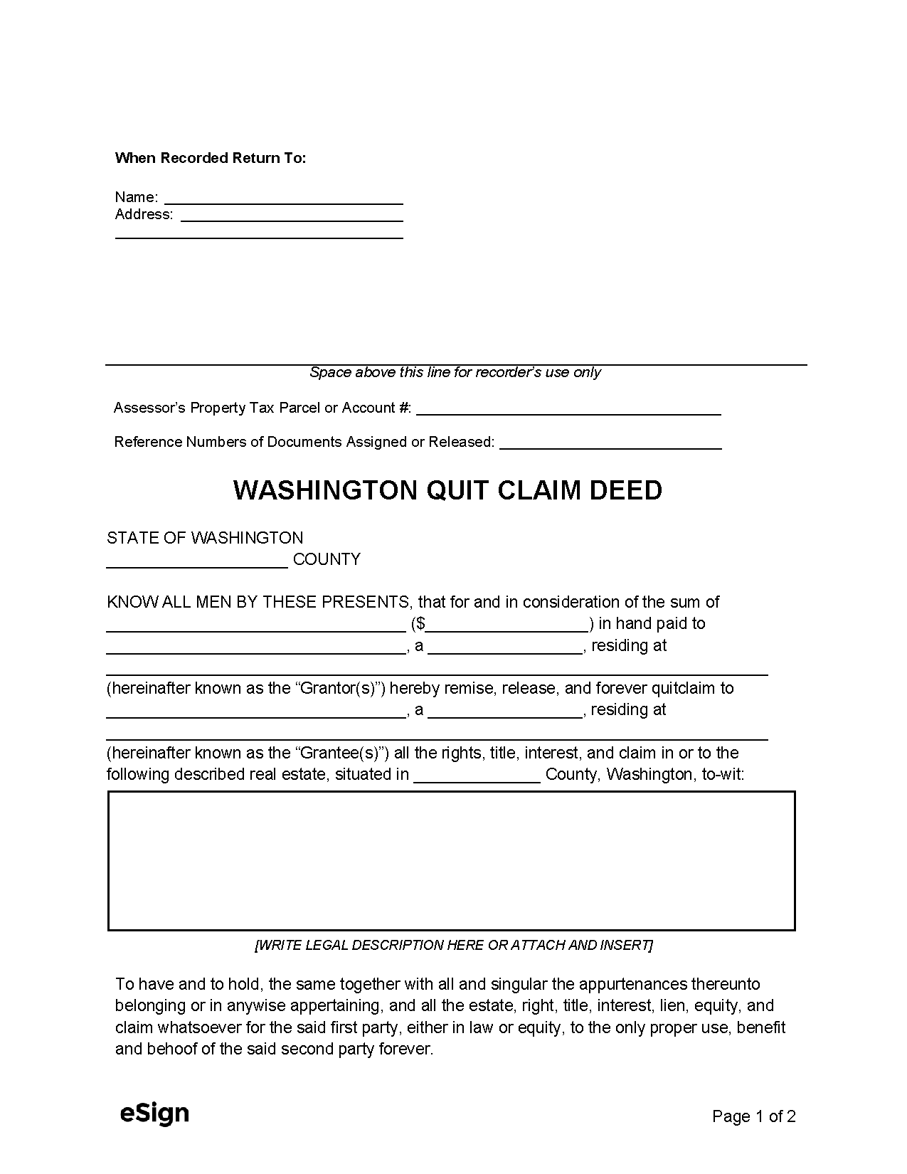 Free Washington Quit Claim Deed Form | Pdf | Word inside Free Printable Quit Claim Deed Washington State Form