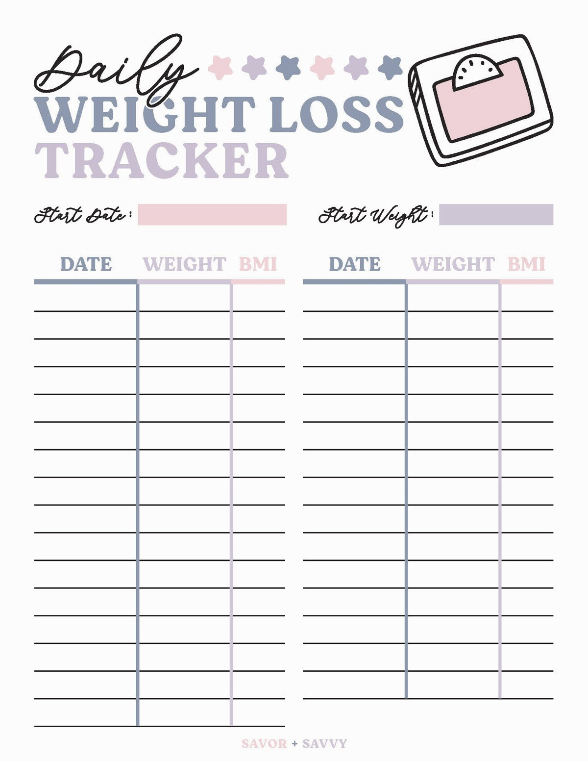 Free Weight Loss Tracker Printable - Savor + Savvy with Free Printable Weight Loss Chart