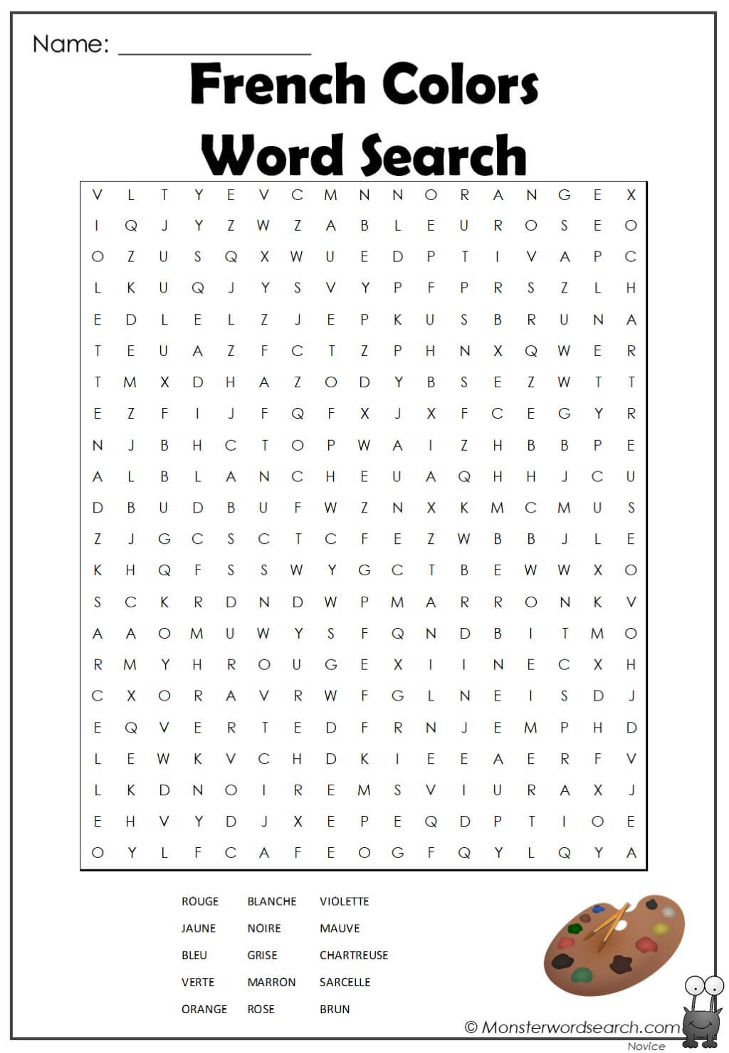 French Colors Word Search - Monster Word Search pertaining to French Word Searches Free Printable