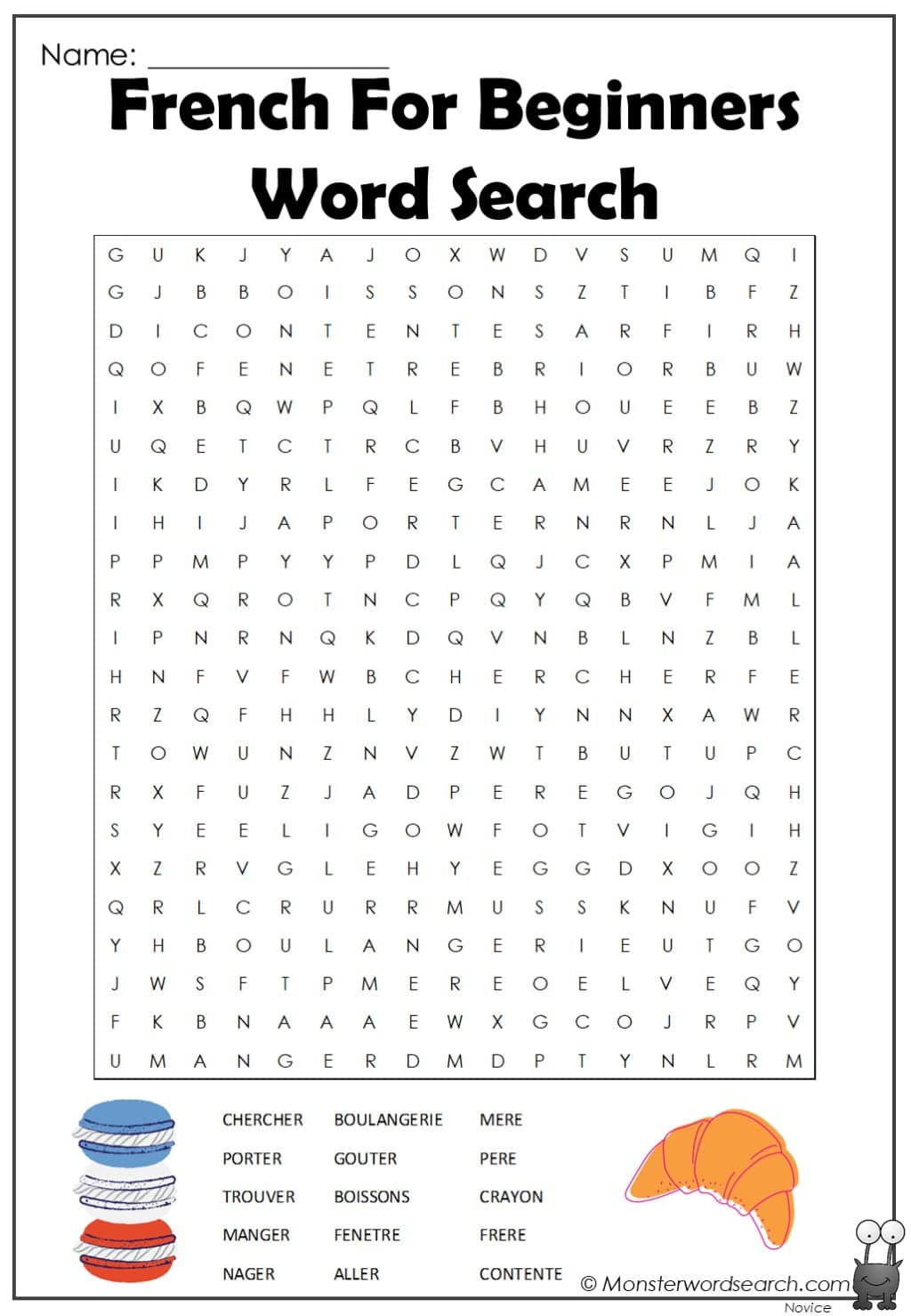 French For Beginners Word Search - Monster Word Search with French Word Searches Free Printable