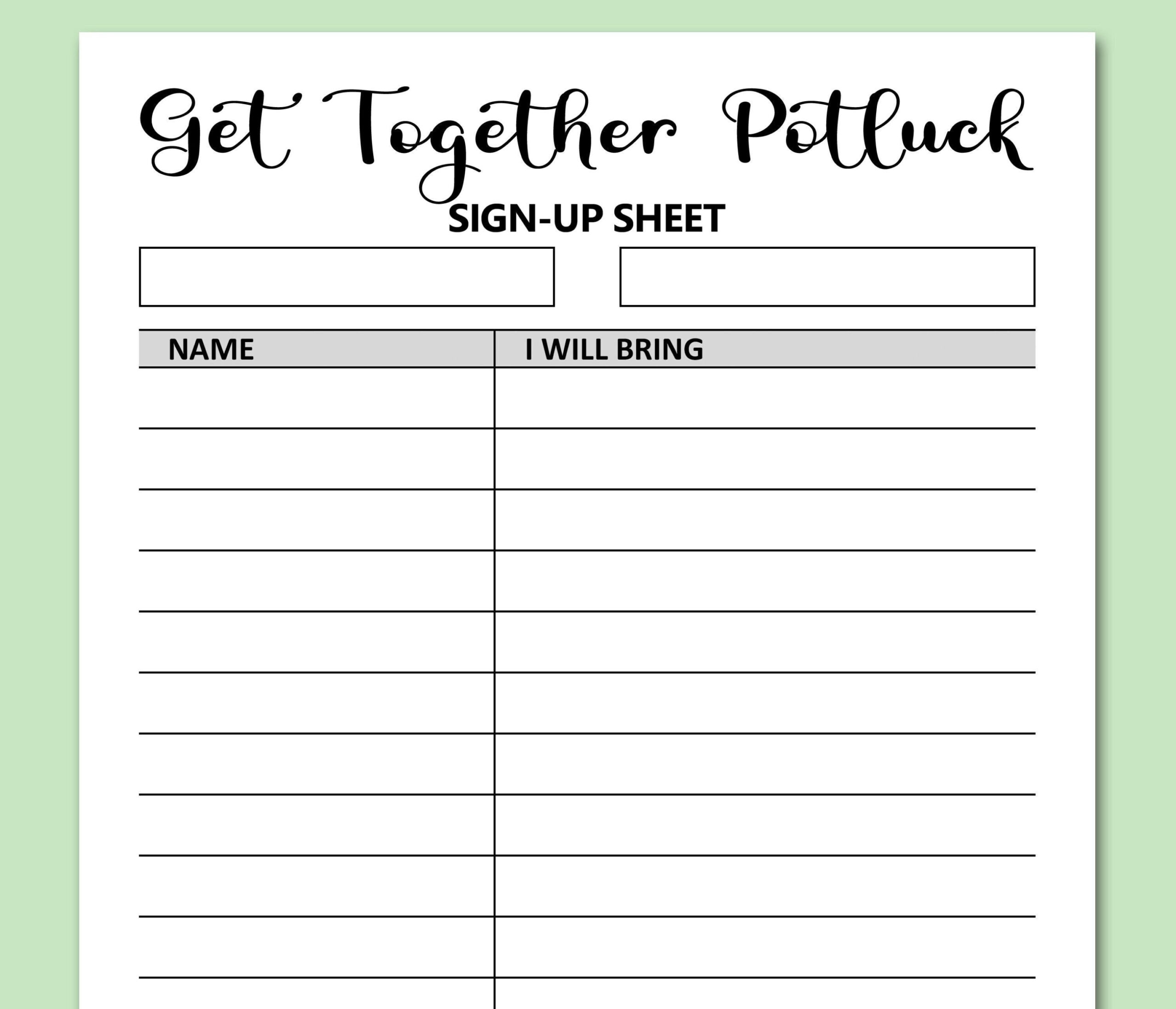 Get Together Potluck Sign Up Sheet Printable, Signup Form Potluck Dinner, Friends Church Social Reunion Event Games Activities, Letter, A4 for Free Printable Sign Up Sheets for Potlucks