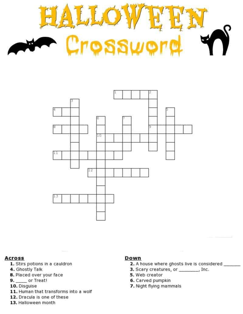 Halloween Crossword Printable (With Or Without Word Bank) throughout Halloween Crossword Printable Free