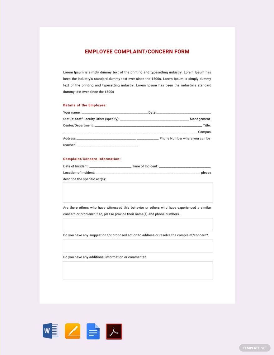 Hr Employee Complaint/ Concern Form Template In Word, Pages, Pdf regarding Free Printable Hr Forms