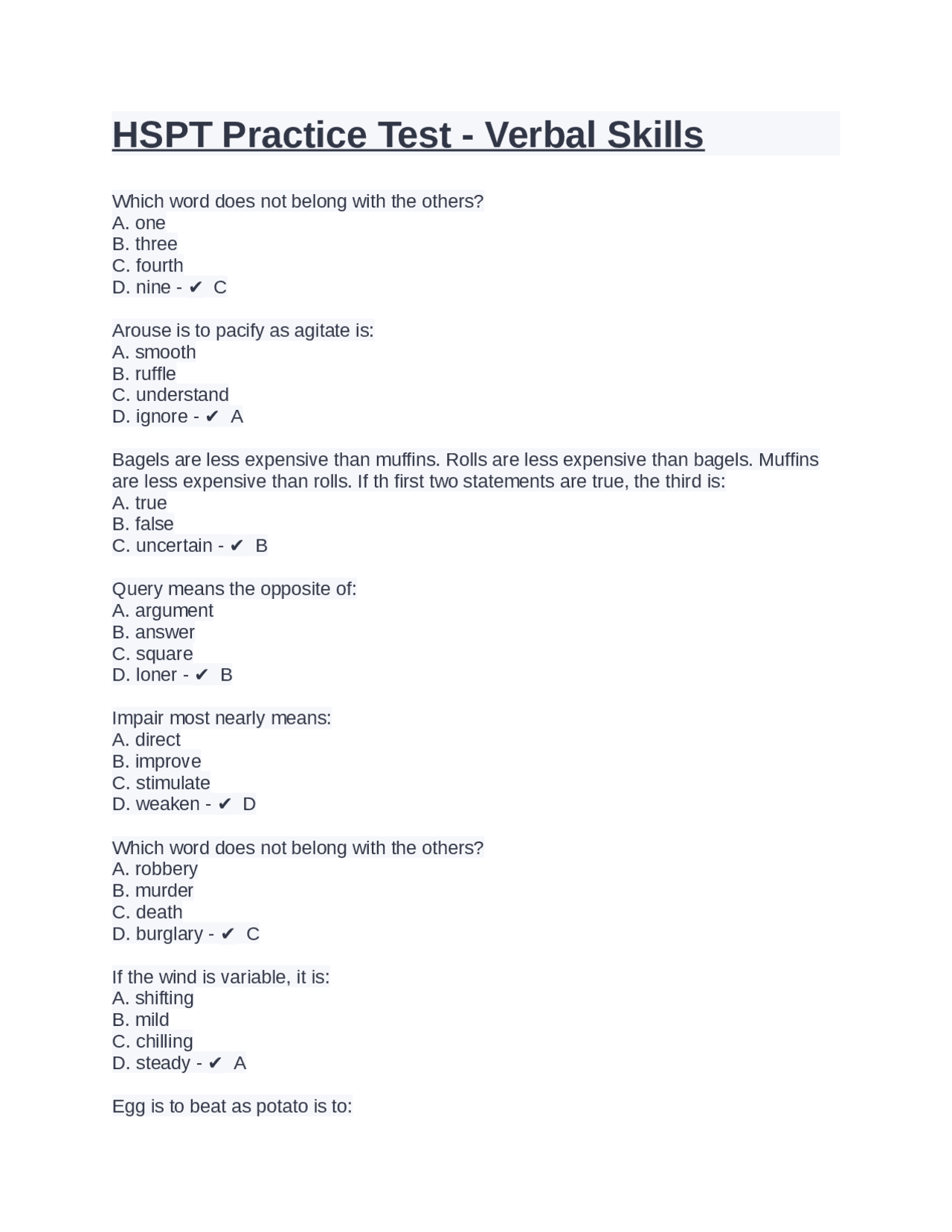 Hspt Practice Test - Verbal Skills With Answers | Exams Nursing with Free Printable Hspt Practice Test