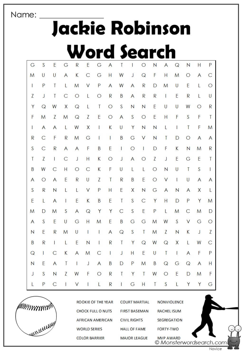 Jackie Robinson Word Search - Monster Word Search pertaining to Jackie Robinson Free Printables