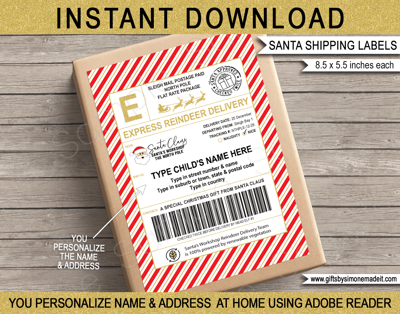 Large Santa Mail Shipping Labels (Usps Style) - Red &amp;amp; Gold inside Free Printable Shipping Labels