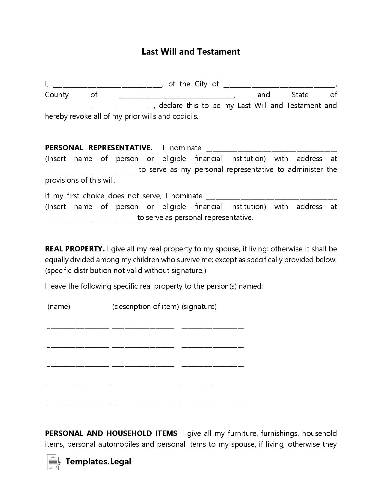 Last Will And Testament Templates [Word, Pdf, Odt] - Templates.legal pertaining to Free Printable Will Forms
