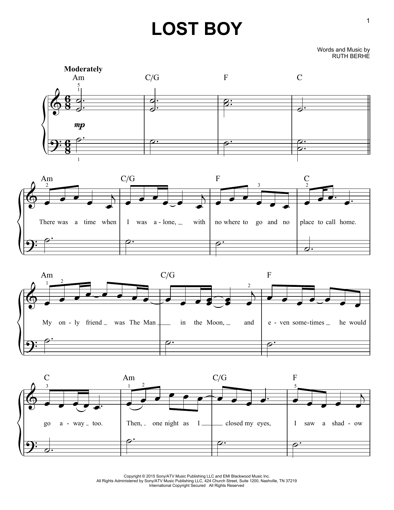 Lost Boy Sheet Music | Ruth B | Easy Piano in Lost Boy Piano Sheet Music Free Printable