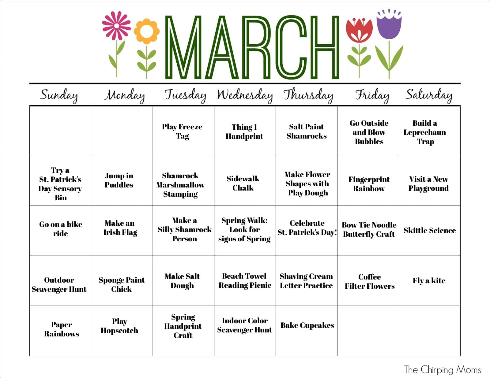 March Activity Calendar For Kids - The Chirping Moms in Free Printable March Activities