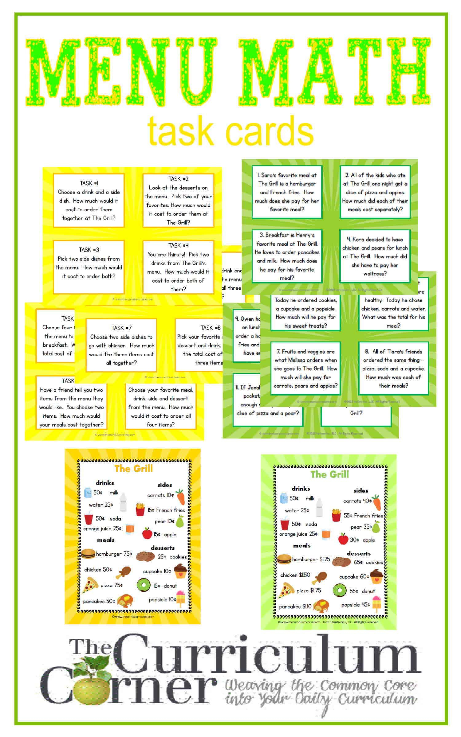 Menu Math Center - The Curriculum Corner 123 with Free Printable Menu Math Worksheets