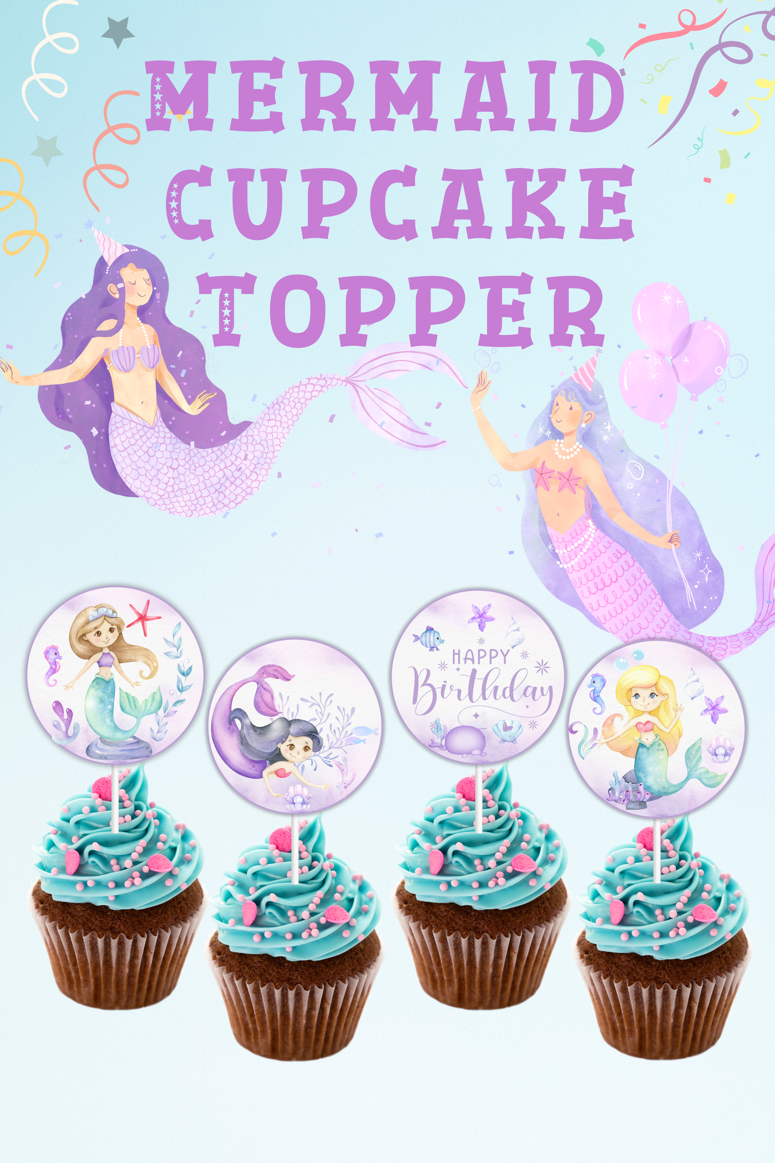 Mermaid Cupcake Topper Printable Mermaid Watercolor Birthday for Free Printable Mermaid Cupcake Toppers