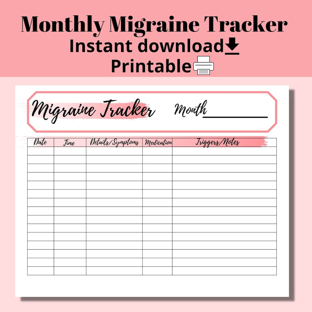 Migraine Headache Tracker Journal, Printable Headache Log pertaining to Free Printable Headache Diary