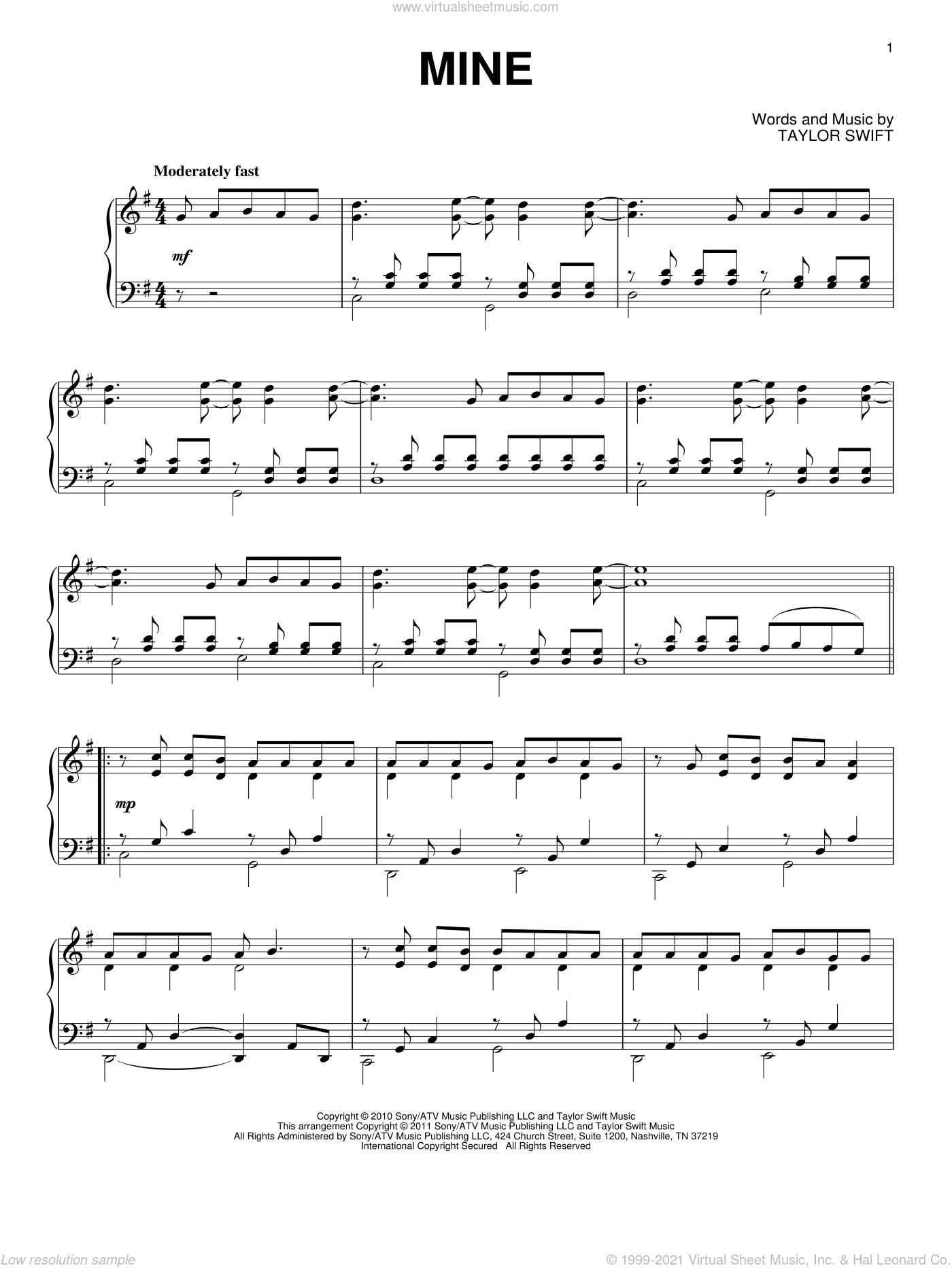 Mine, (Intermediate) Sheet Music For Piano Solo (Pdf-Interactive) in Taylor Swift Mine Piano Sheet Music Free Printable