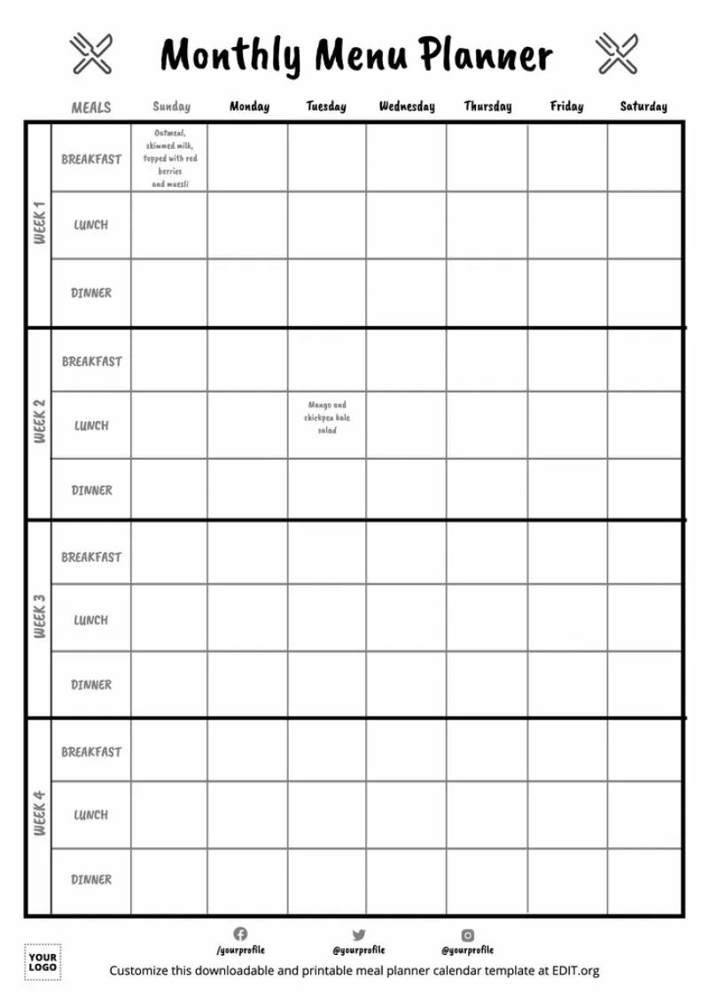 Monthly Meal Plan Templates inside Free Printable Monthly Meal Planner