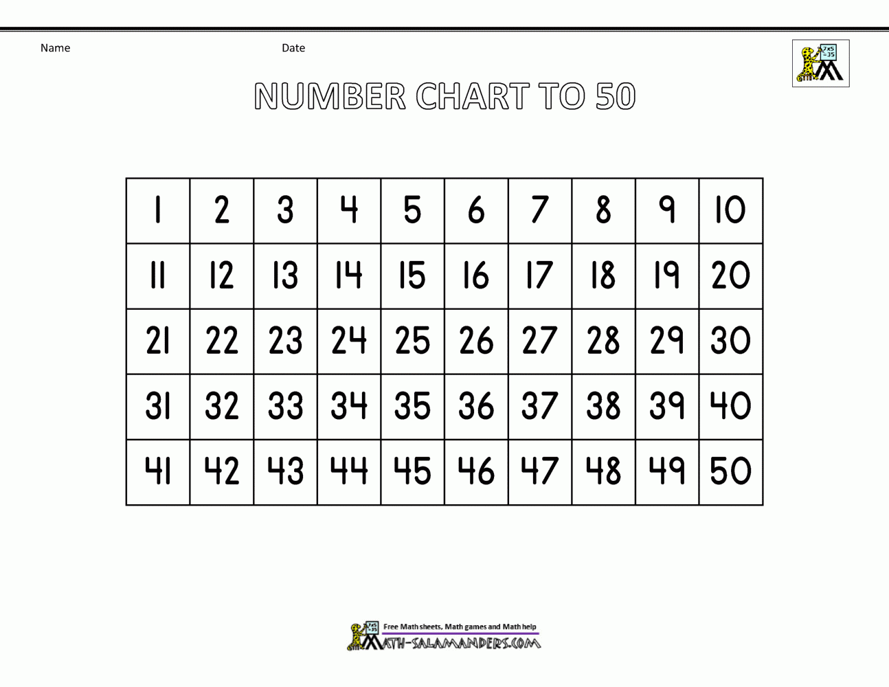 Number Chart To 50 regarding Free Printable Number Chart 1-50