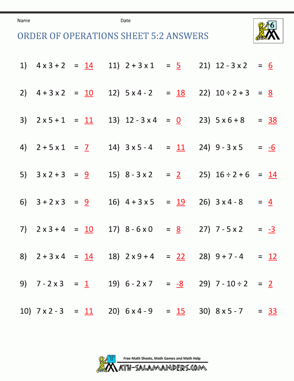 Order Of Operations Sheet 5:2 Answers | Pemdas Worksheets within Order of Operations Free Printable Worksheets With Answers