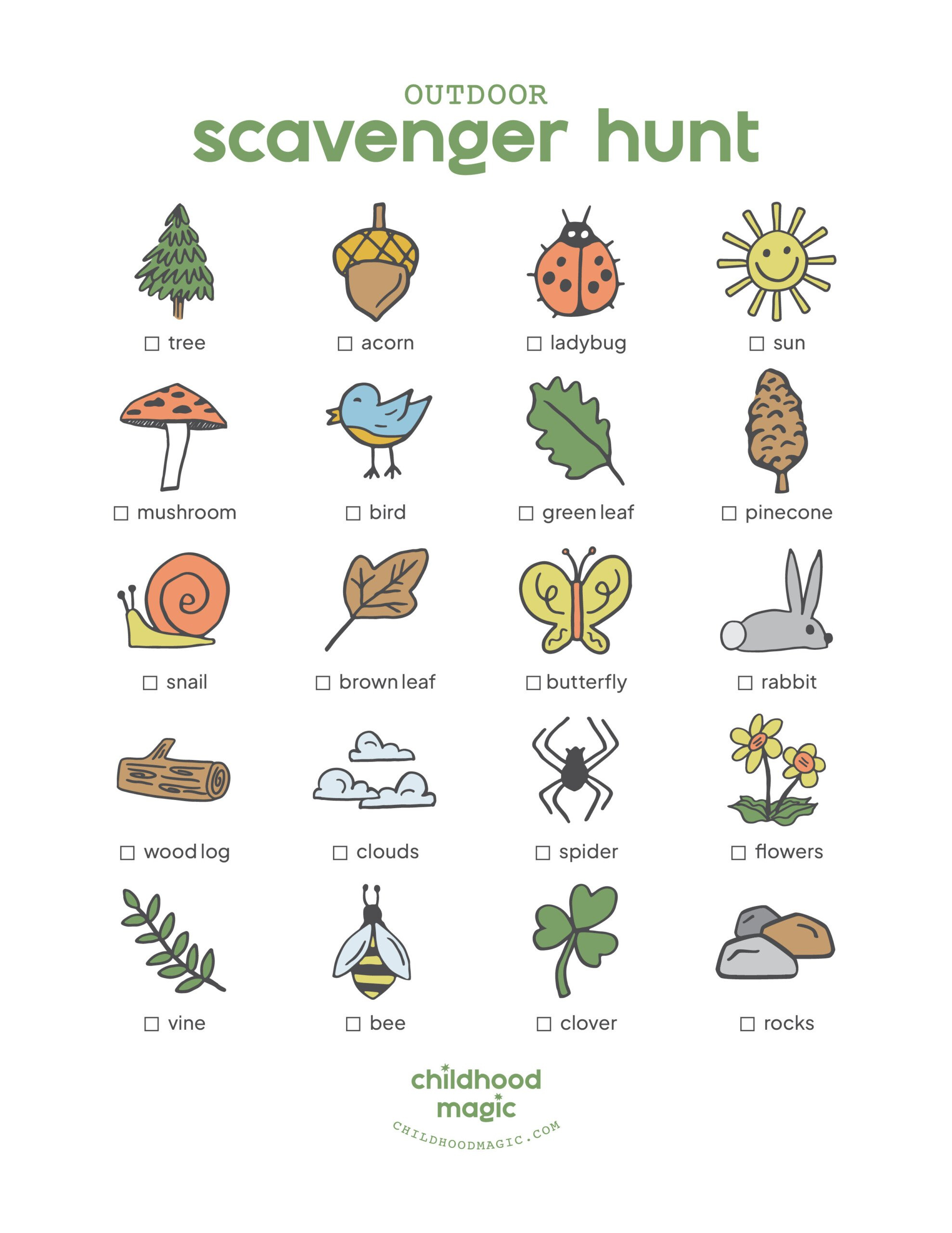 Outdoor Scavenger Hunt (Free Printable!) - Childhood Magic pertaining to Free Printable Scavenger Hunt for Kids