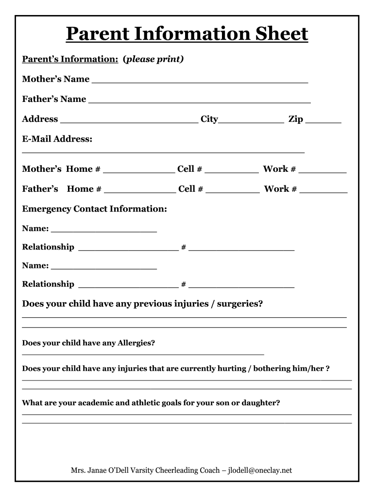 Parent Contact Information Sheet - Fill Online, Printable intended for Free Printable Parent Information Sheet